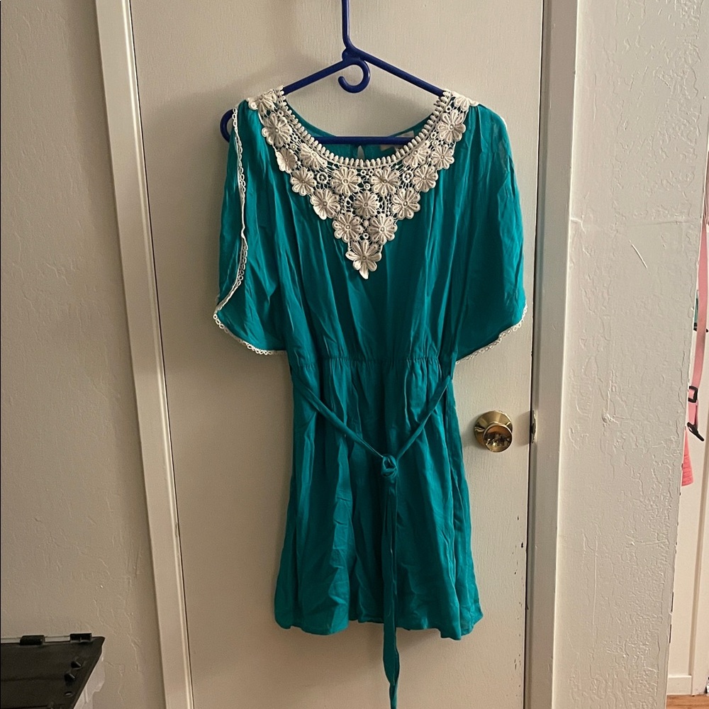 Teal Dress with White Floral Embellishments
